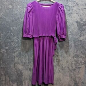 Vintage 80s Promises Promises Purple Pleated Midi Dress Puff Sleeve Sz 10 USA